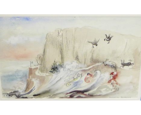 Victorine Buttberg (b.1904) 'Cliff Side Scene' Mixed Media  Signed, in a glazed frame, 31 x 20cm 