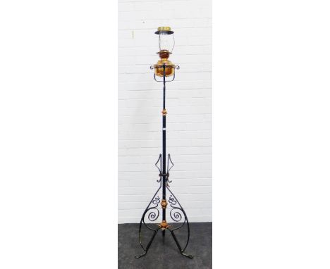 Black painted metal and copper oil standard lamp, height overall 180cm 