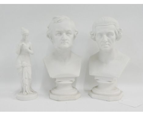 Two white bisque busts to include Haydn and Wagner, together with a white Parian style figure of a classical female figure, t