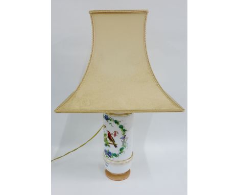 White opaque glass table lamp base painted with birds and flowers, 32cm excluding fitting