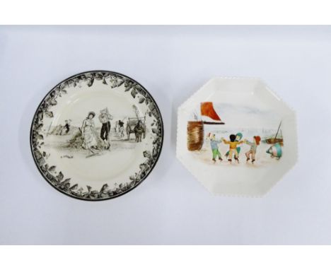 Royal Doulton transfer printed plate, signed R. Caldecott, together with an octagonal comport, signed with initials MMW, (2) 