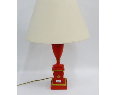 Orange and gilt wood urn table lamp base and shade, 45cm high excluding fitting 