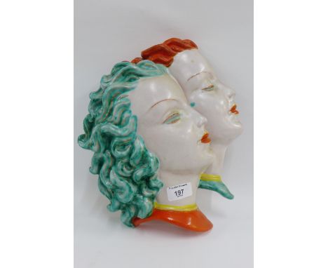 Rare 1930's Goldscheider double head wall mask, 31cm long