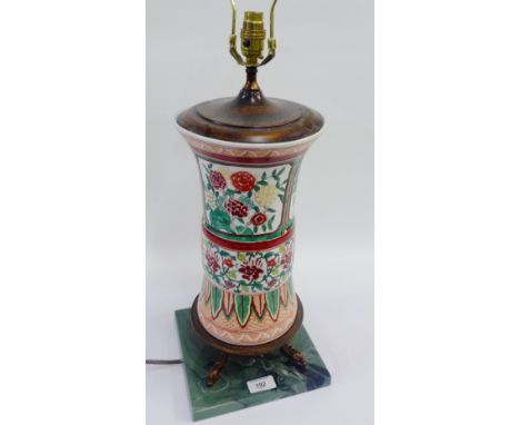 Chinoiserie table lamp base on a square green hardstone base, size excluding fitting 47cm high 