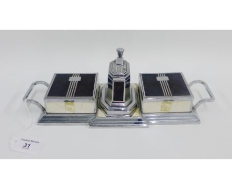 Art Deco Ronson Touch Tip lighter desk set, with chrome tray and two further boxes with hinged lids and cedar lined, 31cm lon