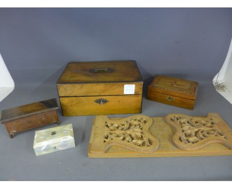 An olive wood jewellery box, miniature coffer mother of pearl box, Eastern carved book slide and an inlaid box
Condition repo