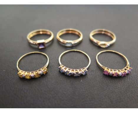 An assortment of six gem-set rings - To include sapphire, diamond, amethyst together with other dress rings - Stamped SLV 10K