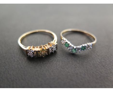 A diamond and yellow-gem triple cluster ring - Stamped 10K - Ring size O - Together with a 9ct gold emerald and white-gem che