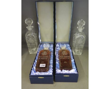Two presentation boxes of Glamis Castle 90 Scotch whisky celebrating Queen Elizabeth the Queen Mother's 90th birthday in Roya