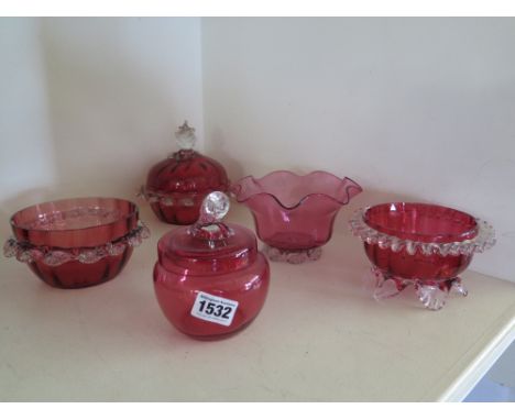 A collection of five 19th century Cranberry bowls, two lidded 
Condition reports: Small chip to one foot and some light fritt