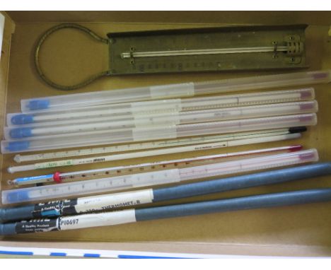 Ten laboratory grade thermometers together with a Brannan of London brass backed kitchen thermometer 