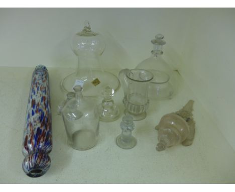 A glass wasp trap, a glass bell cover - Height 22 cm - a glass rolling pin and seven other pieces of glass