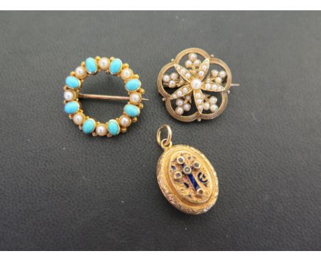 A seed pearl brooch - Tests as 9ct gold - Length 2.5cms - Weight approx 4.8gms - A seed pearl and turquoise brooch - Length 2