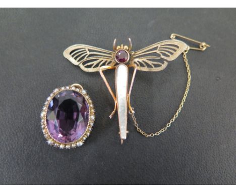 A purple-gem and mother of pearl dragon fly brooch - Stamped 9ct - Length 4cms - Weight approx 4.5gms - Together with an amet