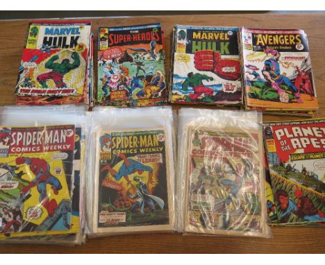 A collection of vintage 1970's Comics - Spiderman and The Mighty World of Mavel starring the Incredible Hulk, Planet of the A