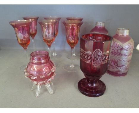 A collection of Cranberry ruby and Bohemian glass to include a pair of late 19th/early 20th century engraved/cut Cranberry sh