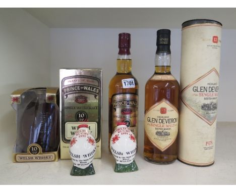 A bottle of Price of Wales single vatted Malt 10 year old Welsh whisky in square bottle in presentation box, a bottle of Pric