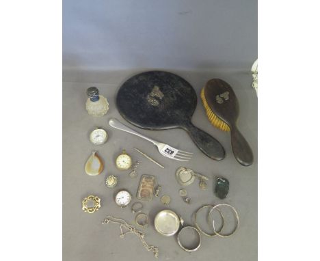 A small collection of silver item including a pocket watch  - not running - a Trench watch - not running, a silver dinner for