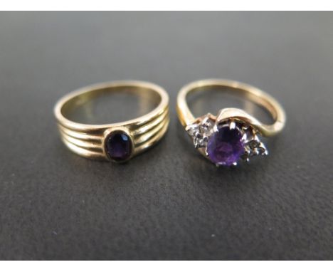 Two 9ct gold rings - To include an amethyst and diamond crossover style ring - Together with an amethyst single-stone grooved