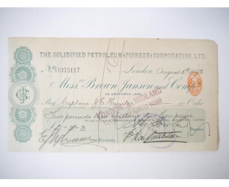 (Crimean War, Royal Navy), an 1892 cheque payable to and endorsed by Captain James Edward Hunter R.N. (1834-1932). Capt. J.E.