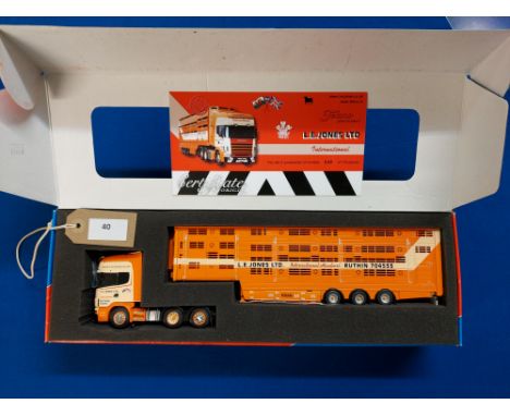 Manufacturer  - Tekno | Description - Scania 144 & Livestock Trailer - L E Jones | Stock Code - 63680 | Notes - GC - Box slig