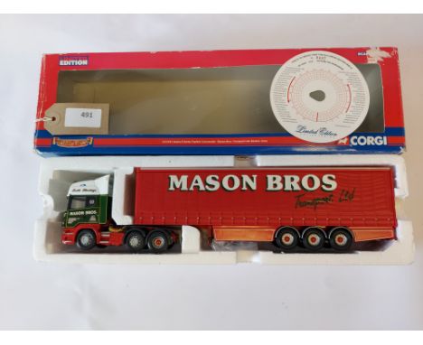 Manufacturer  - Corgi | Description - Scania R Series Topline Curtainside - Mason Bros Transport | Stock Code - CC13701 | Not