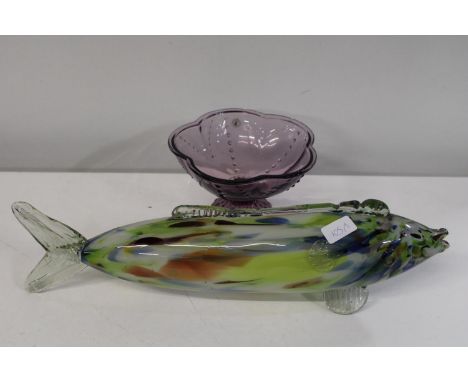 A 1970's art glass fish &amp; glass bowl. Fish is 52cm long 