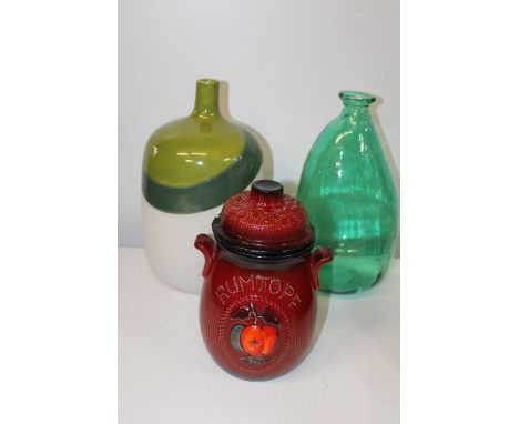 A vintage Rumtopf biscuit barrel &amp; large green bottle form art glass vases 