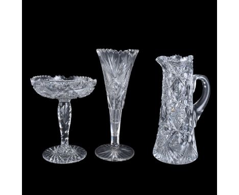 Collection of Three (3) Brilliant Cut Glass Tableware. Includes: Pitcher, compote, and flower vase. Tallest measures 12" H, c