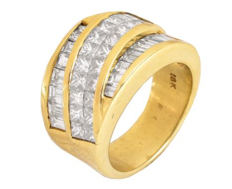 Vintage Approx. 3.45 Carat Princess Cut and Baguette Cut Diamond 18 Karat Yellow Gold Ring. Stamped 18K. Ring size 6-1/2. App