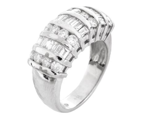 Vintage Approx. 1.58 Carat Baguette and Round Brilliant Cut Diamond and 14 Karat White Gold Ring. Stamped 14K. Ring size 6-1/