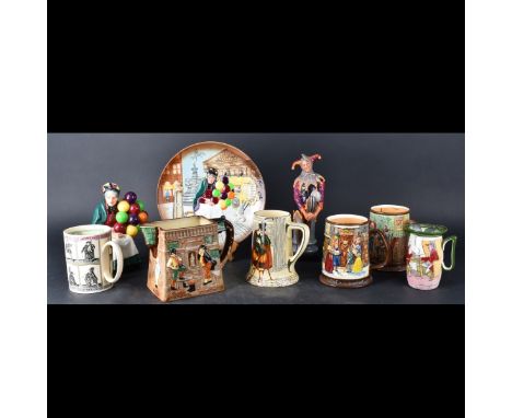 Grouping of Nine (9) Vintage Porcelain Tableware. Includes: 2 Royal Doulton figurines, 3 Royal Doulton steins, 2 Royal Doulto