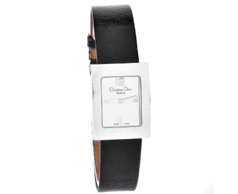 Christian Dior Watch. Model D78-109. Silver case and dial on patent leather band. Quartz movement. Case measures 25mm x 20mm.