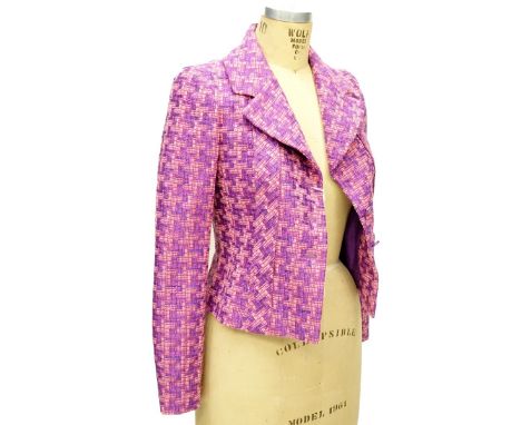 Chanel Purple and Red Wool Blend Jacket. The jacket in a rayon, wool and cotton blend with a silk lining. Size 36. Labeled ap