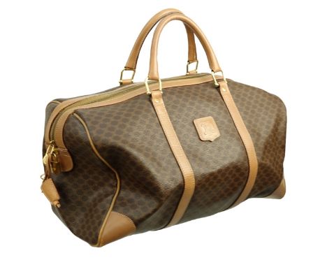 Celine Macadame Coated Canvas Weekender 45 Travel Bag. Gold tone hardware, brown canvas interior. Lock, key in clochette incl