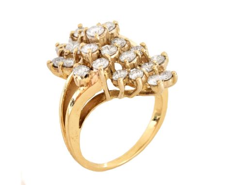 Vintage Approx. 3.15 Carat TW Round Brilliant Cut Diamond and 14 Karat Yellow Gold Cluster Ring. Unsigned. Ring size 7. Appro