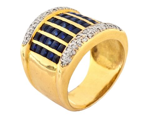 Vintage Square Cut Sapphire, Micro Pave Set Diamond and 14 Karat Yellow Gold Ring. Sapphires with vivid color. Stamped 14K. R