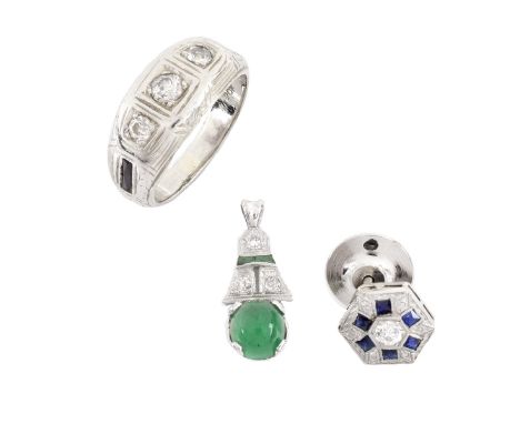 Three Piece Art Deco Jewelry Lot Including an Old European Cut Diamond, Sapphire and 20 Karat White Gold Ring, an Emerald, Di