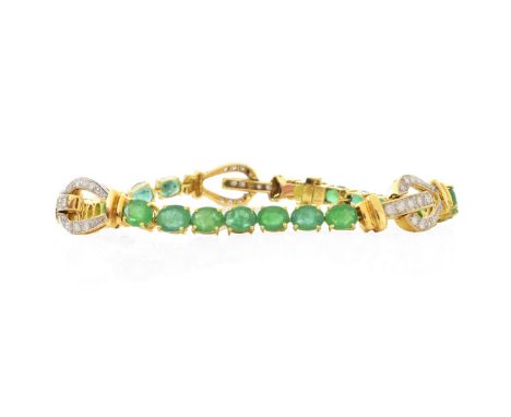 Vintage Oval Cut Emerald, Round Cut Diamond and 18 Karat Yellow Gold Bracelet. Emeralds with vivid color. Stamped 750. Measur