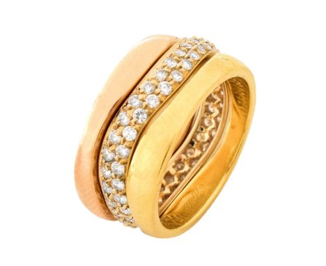 Cartier .70 Carat TW Pave Set Round Brilliant Cut Diamond and Two Tone 18 Karat Gold Set of Three Stacking Wave Eternity Band