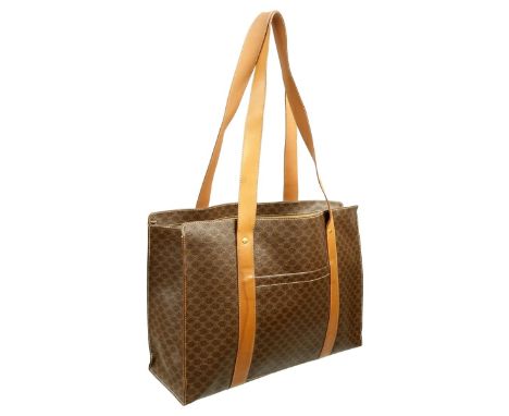 Celine Macadame Coated Canvas Vintage Shopping Tote. Brown canvas interior, gold tone hardware. Labeled appropriately. Measur