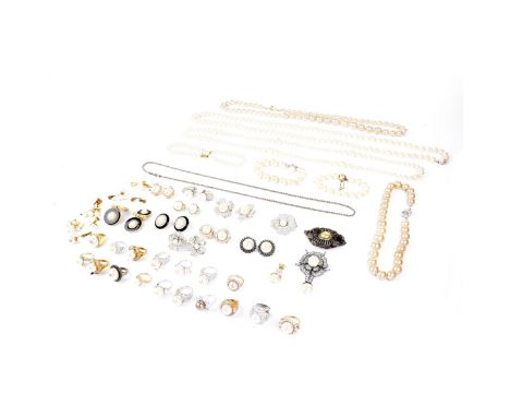 Large Lot of Costume Pearl Jewelry Including Necklaces, Rings, Bracelets, Earrings and Pins. Some pieces are signed. Various 