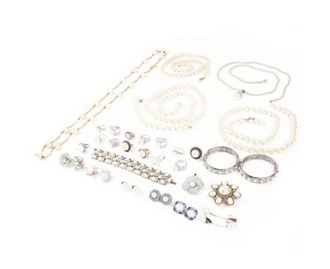 Large Lot of Costume Pearl Jewelry Including Necklaces, Rings, Bracelets, Earrings and Pins. Some pieces are signed. Various 