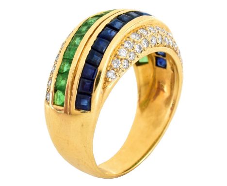 Vintage Diamond, Emerald, Sapphire and 18 Karat Yellow Gold Ring. Unsigned. Ring size 6-1/2. Approx. weight: 8.0 grams Condit