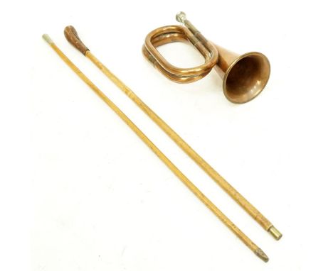 Grouping of Three (3) Military Items. Includes Besson &amp; Co. bugle, and two ridding sticks. Bugle measures 11-3/8" L, larg