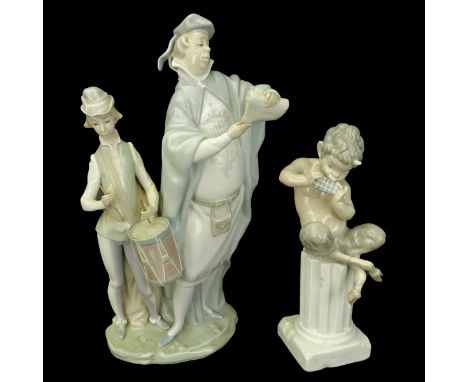 Grouping of Two (2) Lladro Porcelain Figurines. Includes: speaker and Drummer boy group, pan with flute. Each signed and numb