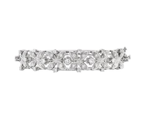 Vintage Approx. 1.75 Carat Diamond and 14 Karat White Gold Hinged Bangle Bracelet. Stamped 14K. Measures 3/8" W, 2-1/4" inter