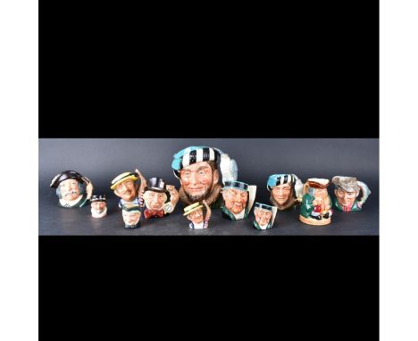Collection of Twelve (12) Vintage Royal Doulton Porcelain Toby Mugs. Each appropriately signed and titled to base. Tallest me