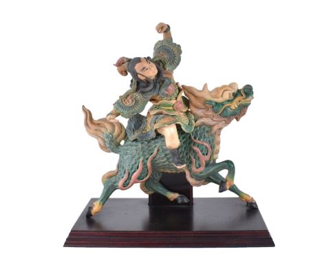 Antique Chinese Polychrome Pottery Roof Tile on Wooden Stand. Measures 12-5/8" H x 12" W. Condition: Crazing, typical nicks o
