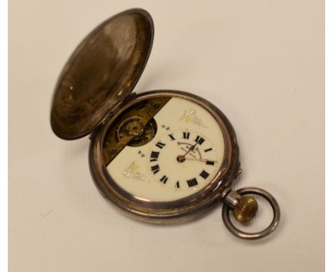 A SILVER HEBDOMAS FULL-HUNTER PATENT POCKET-WATCH with eight day-movement, floral engraved case and enamel dial